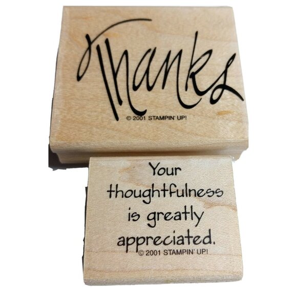 “Thanks" Phrase Rubber Stamp Wooden Mounted Lot of 2 "Your Thoughtfulness" - Picture 1 of 4